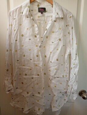 For Cynthia Beachwear | Linen White + Yellow Lemons Pullover Tunic Shirt 🍋 | XL